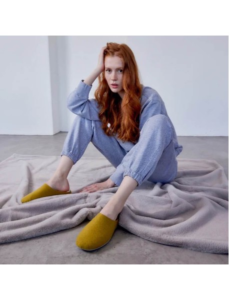 Merinowolle Hausschuh recycelt Unisex Curry – Homeslipper Wool