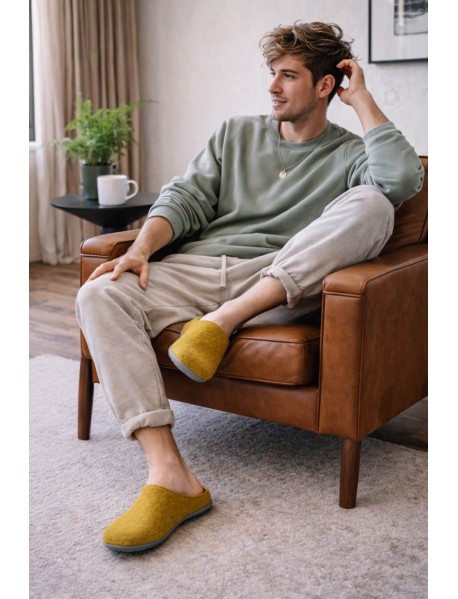 Merinowolle Hausschuh recycelt Unisex Curry – Homeslipper Wool