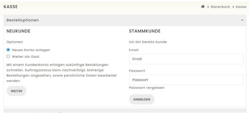 Checkout Anmeldung im Naturfaser Shop
