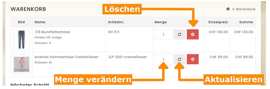 Naturmode Warenkorb bearbeiten und Produkte aktualisieren